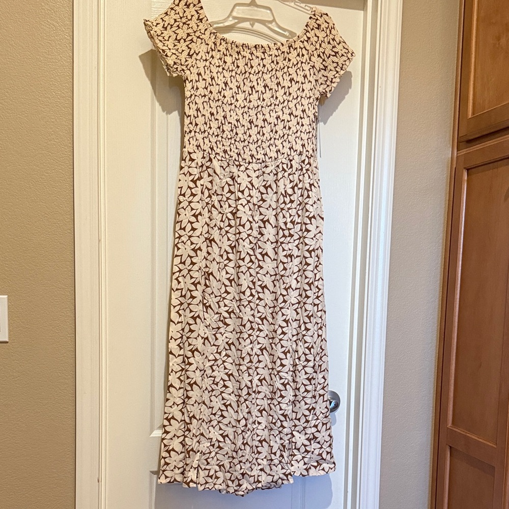 Casual Cream and Brown Floral Women's Dress